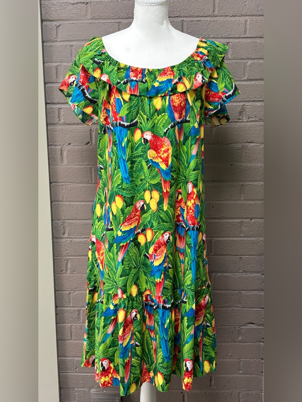 Vintage Hawaiian Parrot Ruffle Top Dress - M
